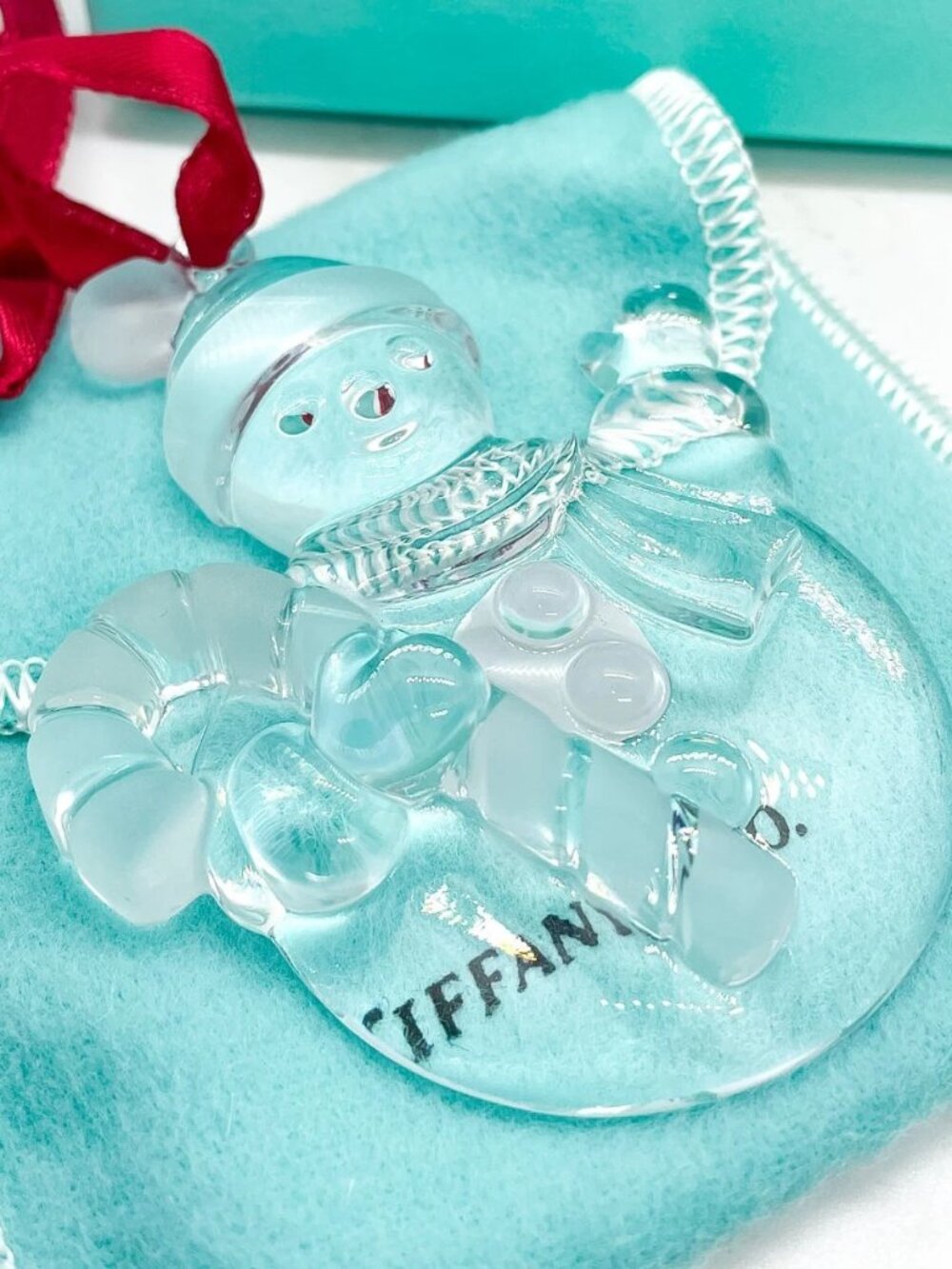 Tiffany & Co. Crystal Snowman Christmas Ornament with Candy Cane